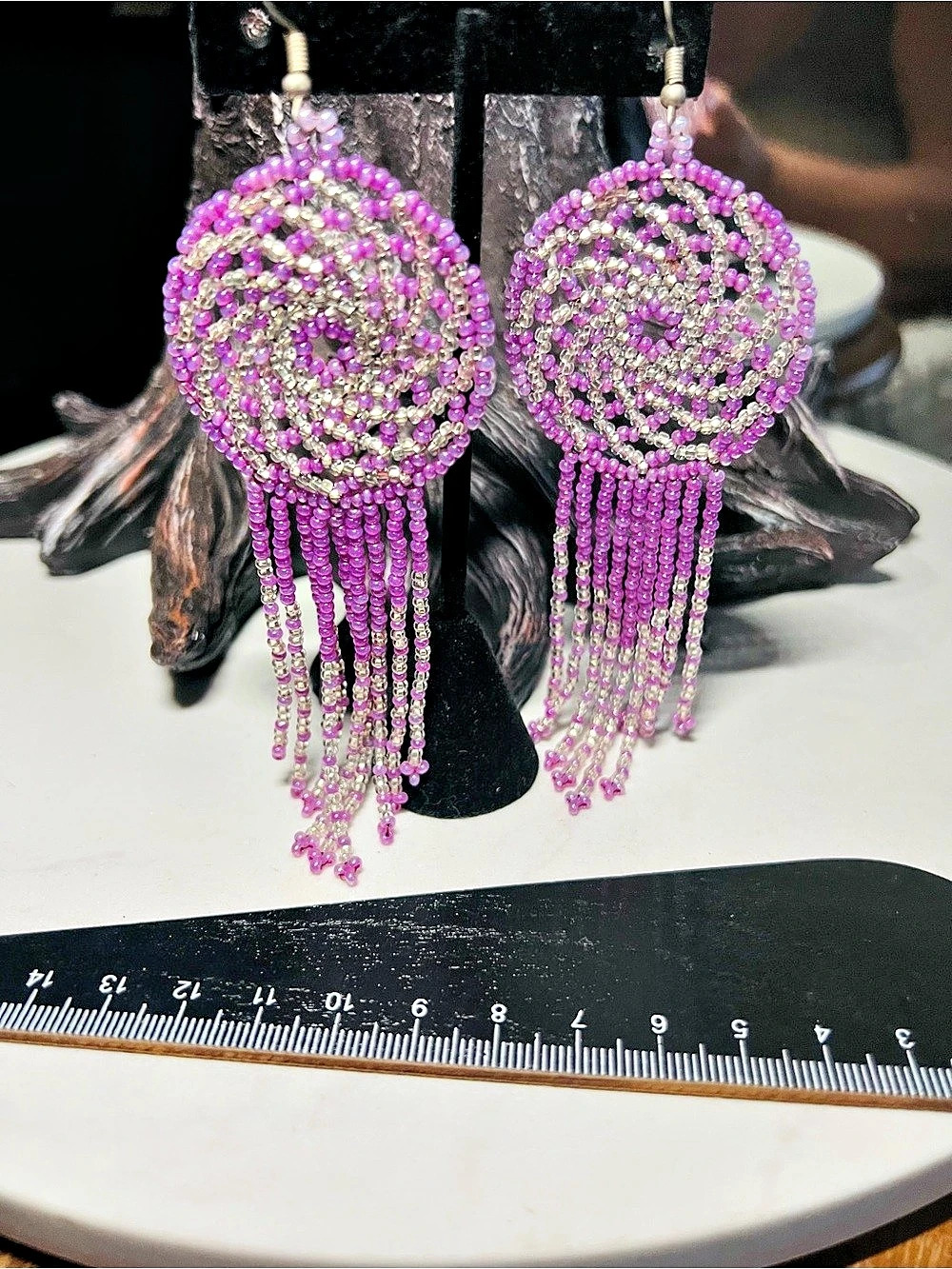 UNIQUE SWIRL Purple/Pink & Silver Beaded Dangle Earrings BOHO